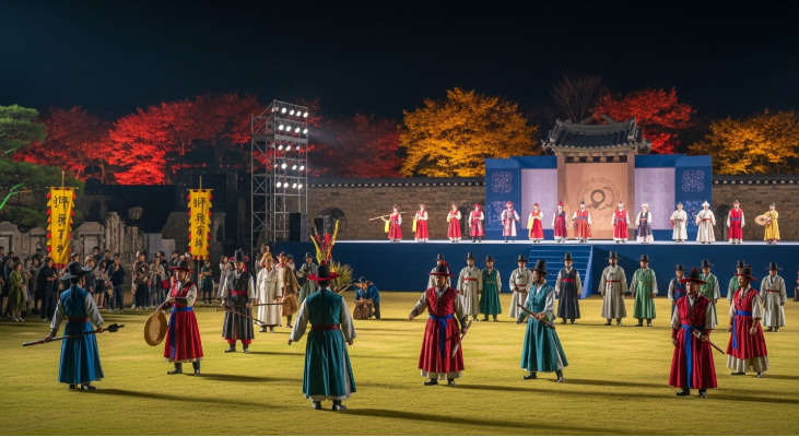 2025년 가을, 고구려 의상을 입은 사람들이 단양 온달문화축제에서 역사 체험과 공연을 즐기는 활기찬 모습