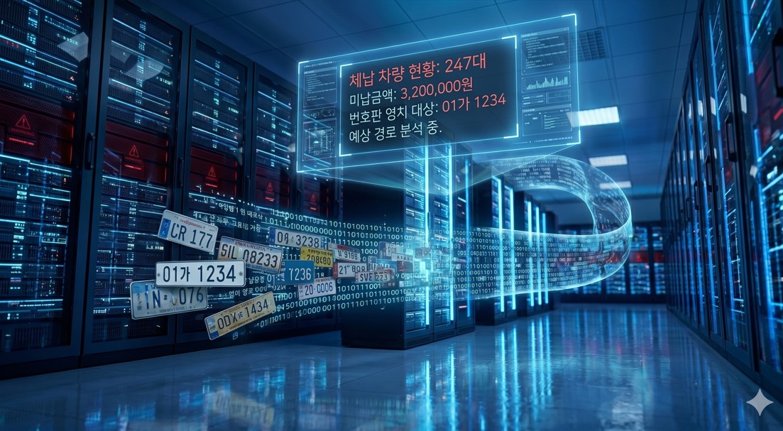 사이버틱한 분위기의 데이터 센터에서 자동차 번호판들이 디지털 신호로 변환되는 추상적인 이미지