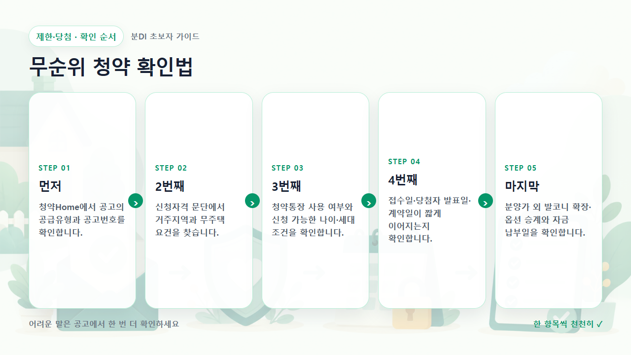 무순위 청약 확인법 확인 순서를 다섯 단계로 보여주는 흐름도
