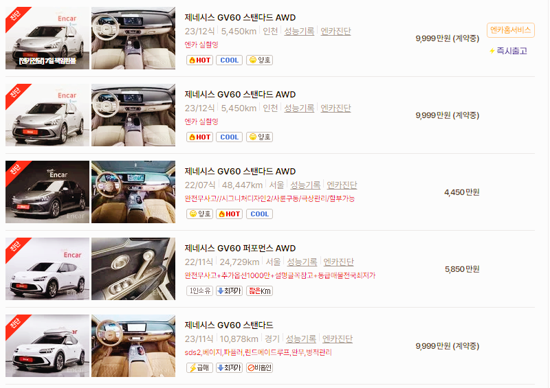 제네시스 GV60 중고차 가격 시세표 24년10월