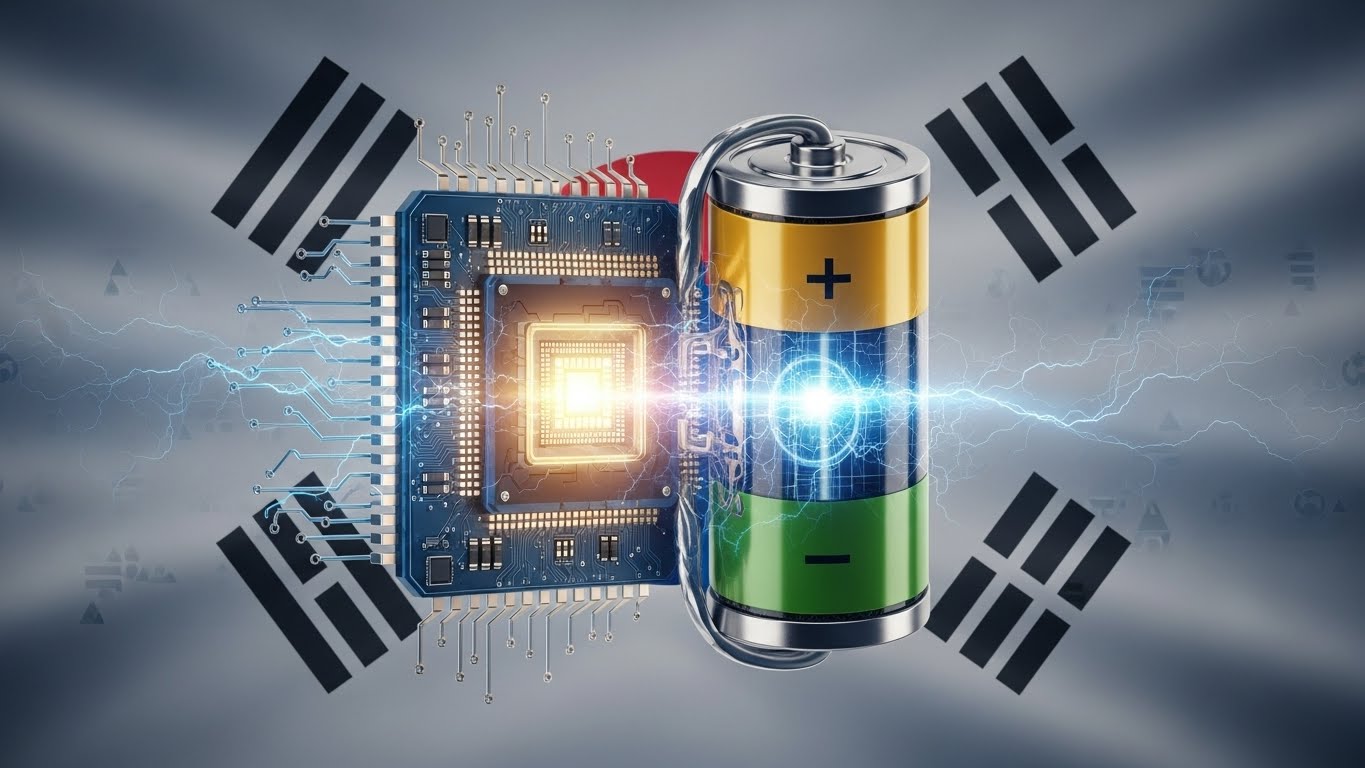Concept art combining a microchip (semiconductor) and a battery cell, representing the twin engines of the Korean economy.