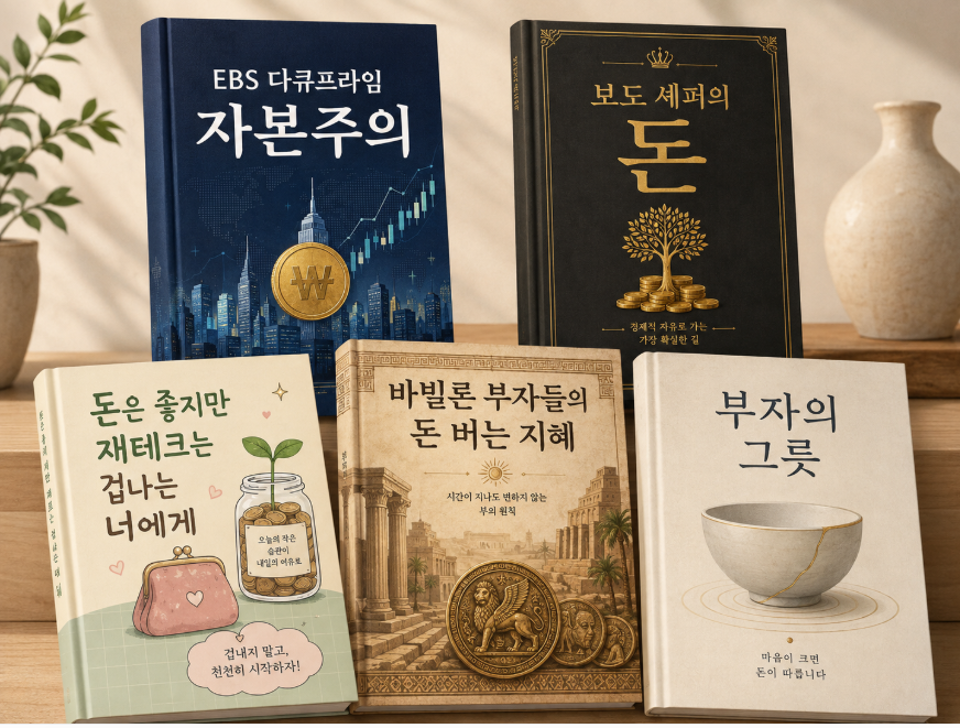 경제 공부 입문서 5권과 은행의 지급준비율·신용창조 원리를 표현한 책과 은행 건물 일러스트