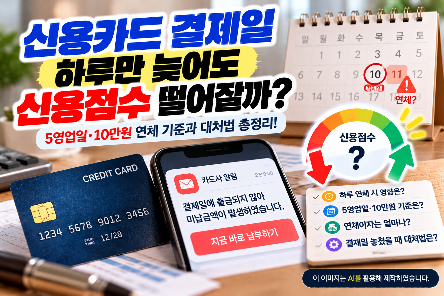 신용카드 결제일을 하루 늦었을 때 신용점수에 미치는 영향과 5영업일·10만원 연체 기준, 연체이자 및 대처법을 설명하는 이미지