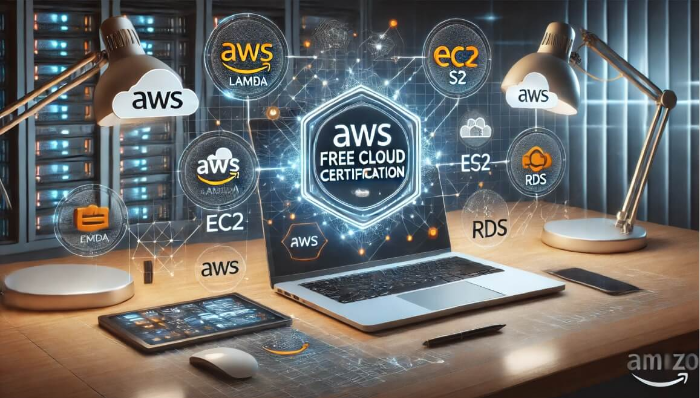 노트북과 패드등의 이미지와 aws 무료 클라우드 자격증안내 사진