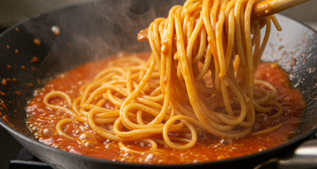끓는 토마토소스에 삶은 파스타면이 들어가 볶아지고 있는 모습