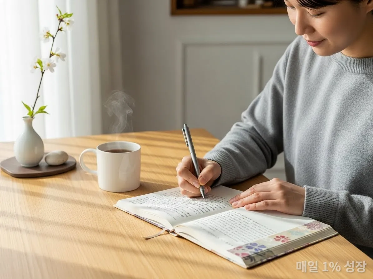 감정 일기를 쓰는 한국인과 따뜻한 허브차
