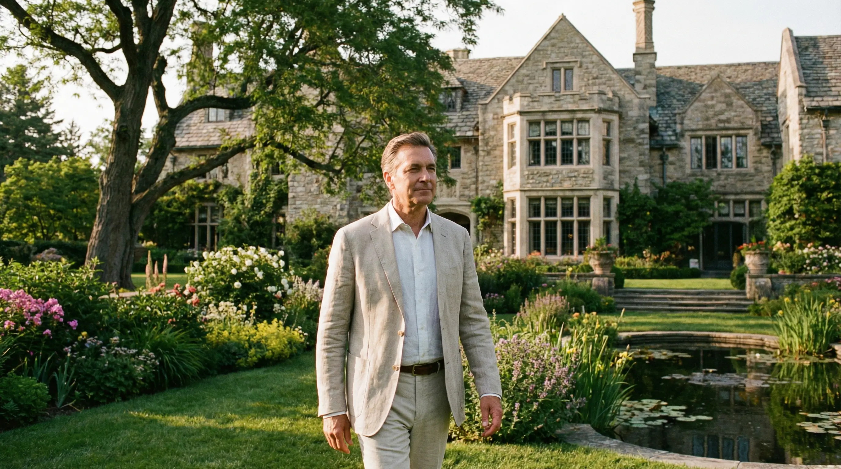 성공적인 절세 전략으로 자산을 지키고 평온한 표정으로 집 앞 정원을 거니는 상속인의 모습