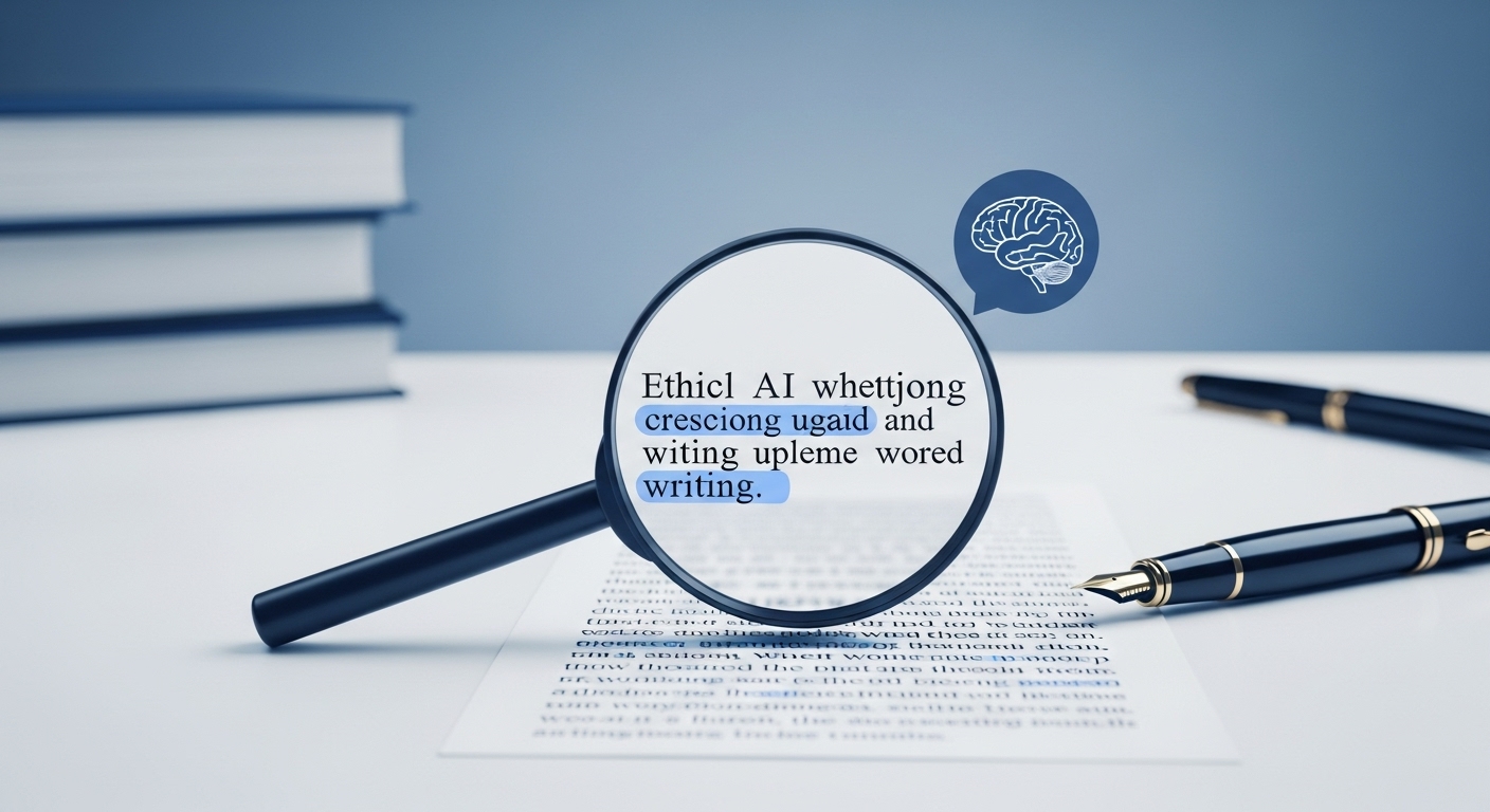 돋보기로 텍스트를 검토하며 인간의 생각을 더하는 모습