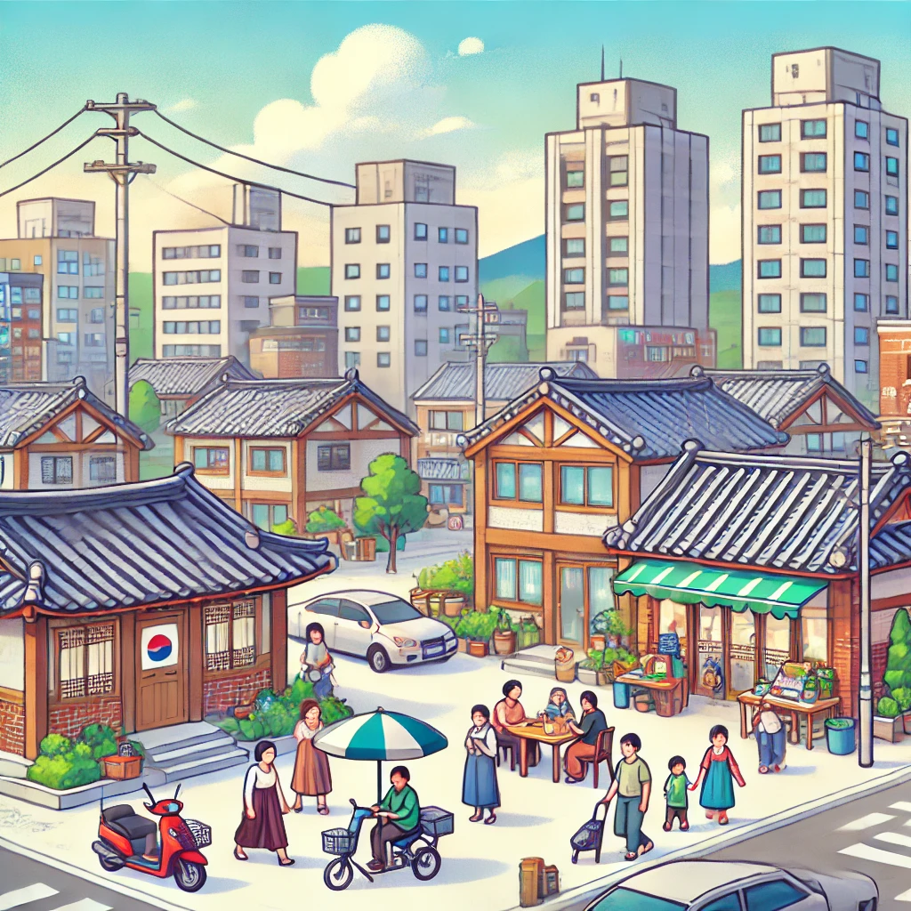 Korean neighborhood with residents engaging in daily activities, illustrating a local community.