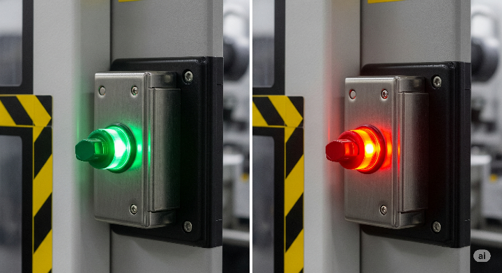 기계의 안전문이 닫히면 녹색 불이 켜지고, 열리면 빨간 불이 켜지는 인터록 스위치를 클로즈업한 모습.