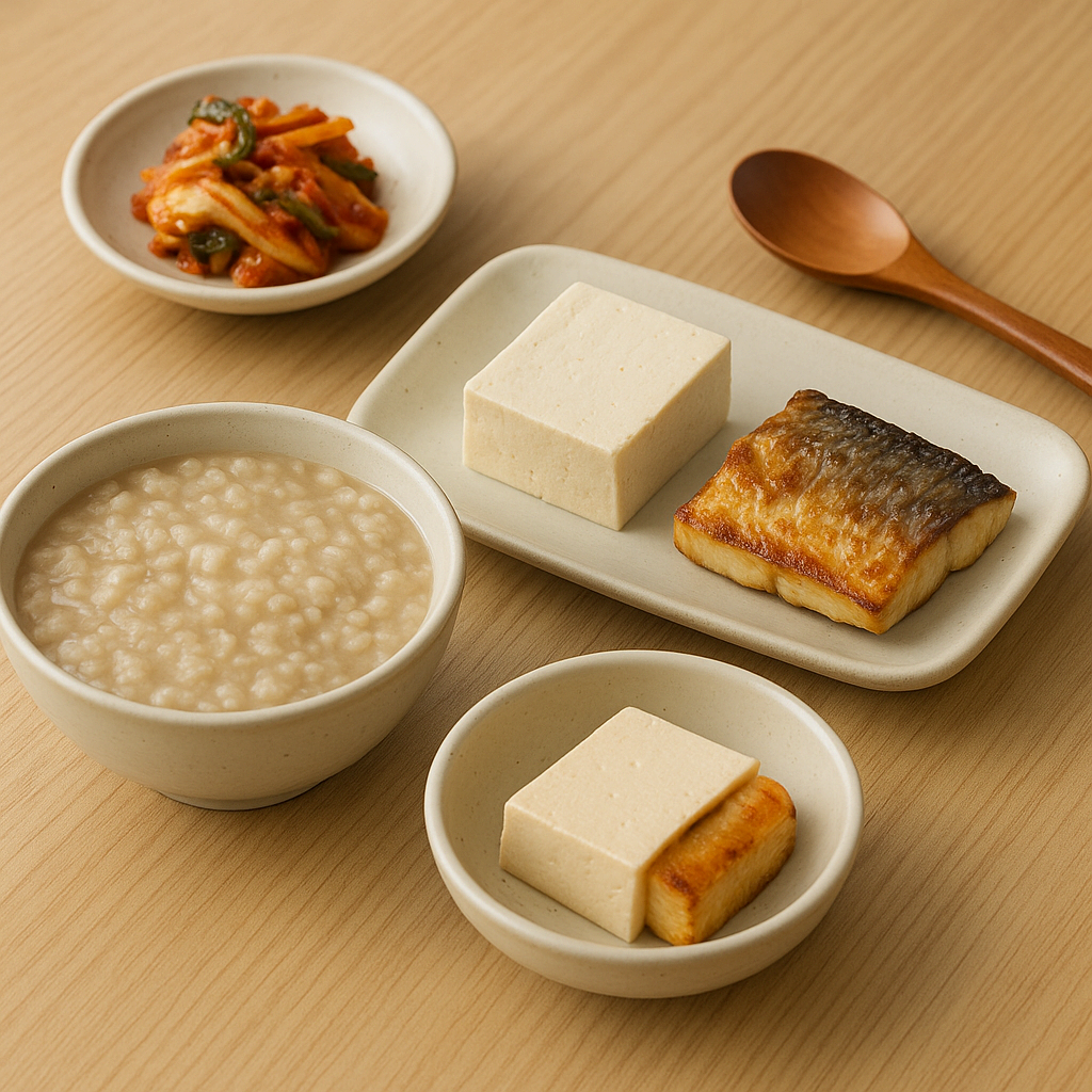 위산역류 식단 가이드|야식·커피 타이밍, 하루 식단표까지(1주 체크리스트)헬시 한식 한상(현미죽·두부·생선구이)