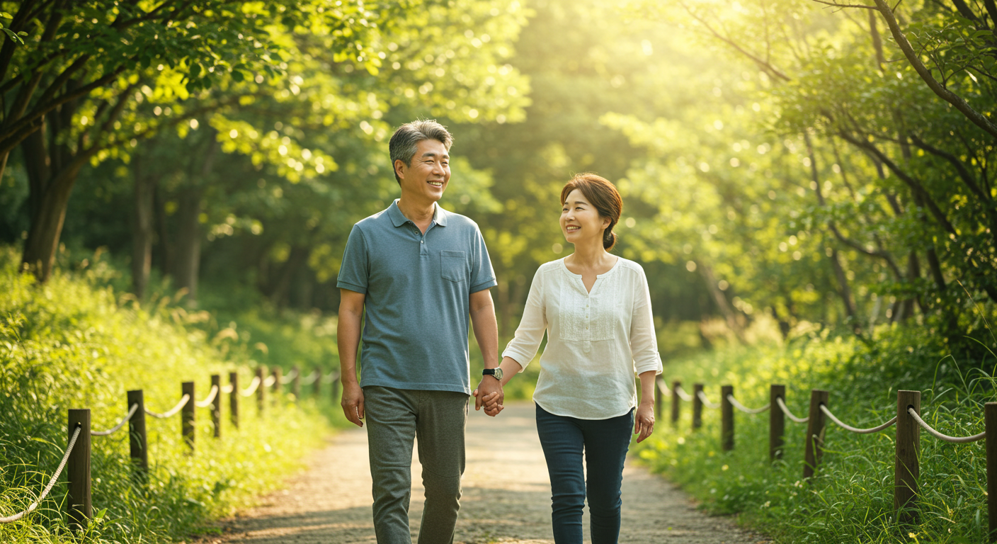 자연 속을 걷는 중년 커플