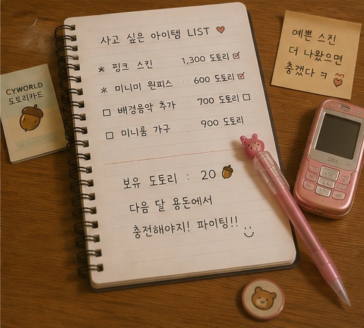 사고 싶은 싸이월드 꾸미기 아이템과 필요한 도토리를 적어 놓은 메모장