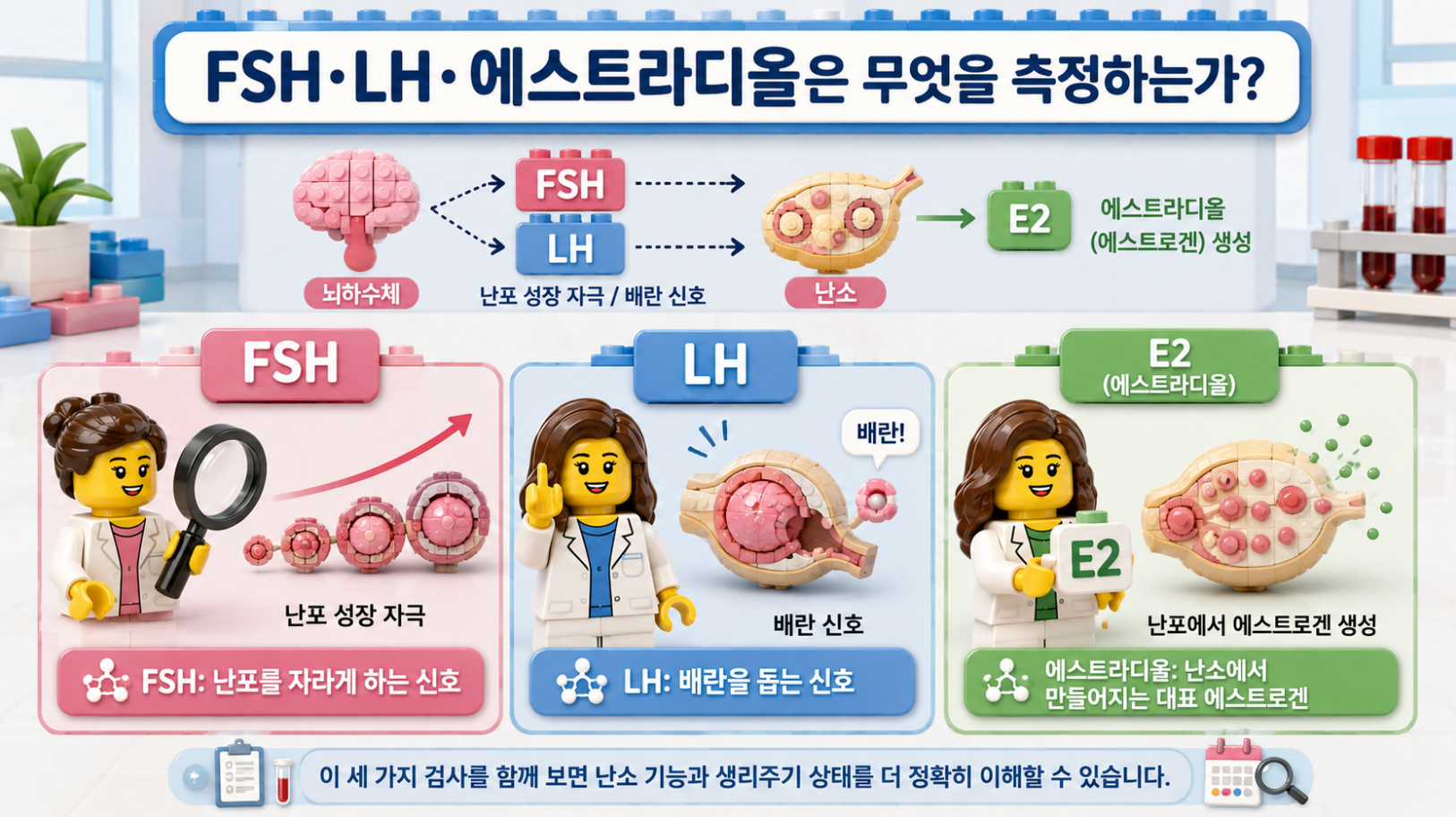FSH&middot;LH&middot;에스트라디올이 각각 무엇을 측정하는지 보여주는 레고 스타일 여성호르몬 검사 설명 인포그래픽