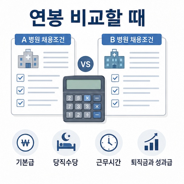 방사선사 채용조건을 비교할 때 기본급과 당직수당, 근무시간, 퇴직금과 성과급을 함께 확인하는 모습을 표현한 이미지