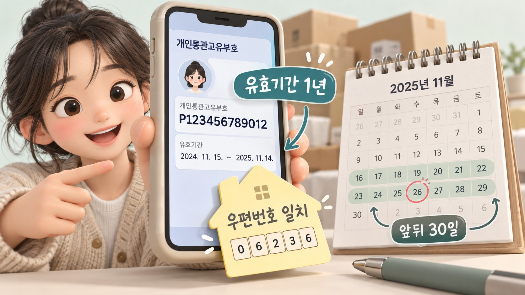 유효기간이 표시된 개인통관고유부호 카드와 달력