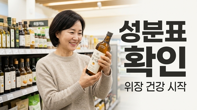 마트에서 중년 여성이 식초 제품을 들고 성분표를 확인하고 있는 모습. 텍스트는 성분표 확인 위장 건강시작 이라고 적혀있음