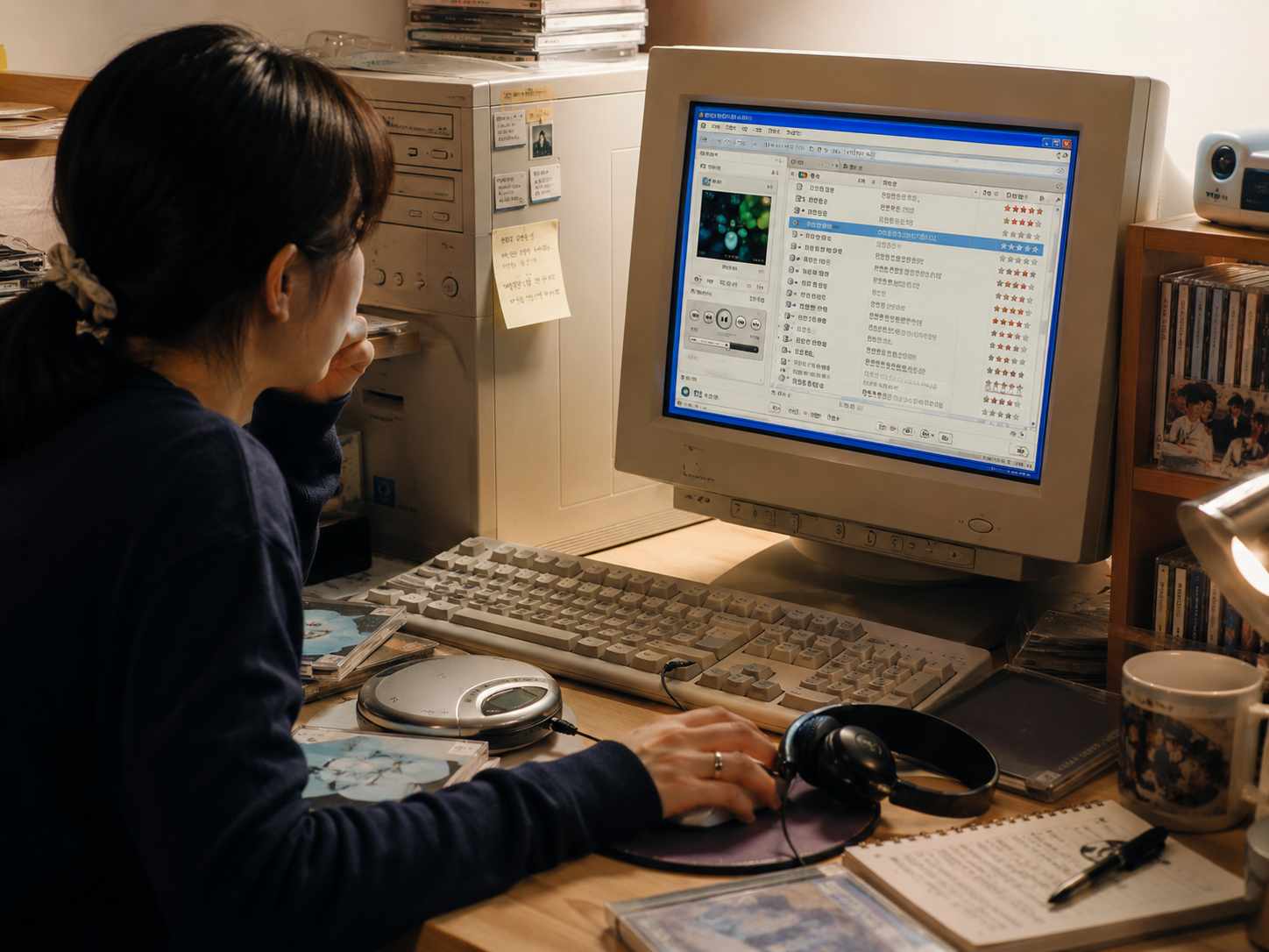 여성이 오래된 데스크톱 컴퓨터로 여러 음악 목록을 살펴보며 새로운 배경음악 후보를 찾는 모습