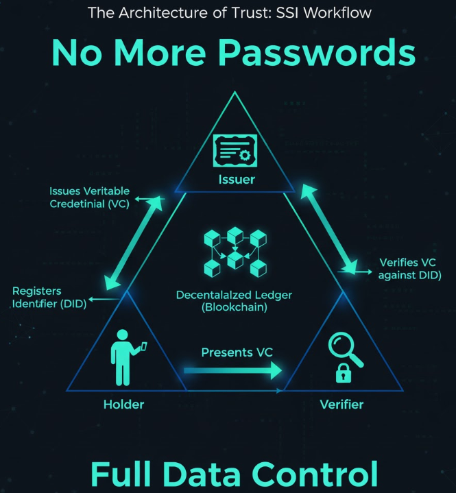발행자, 사용자, 검증자 사이에서 블록체인을 통해 탈중앙 식별자(DID)와 검증 가능한 자격 증명(VC)이 오가는 SSI(탈중앙화 신원 증명)의 작동 원리 인포그래픽.