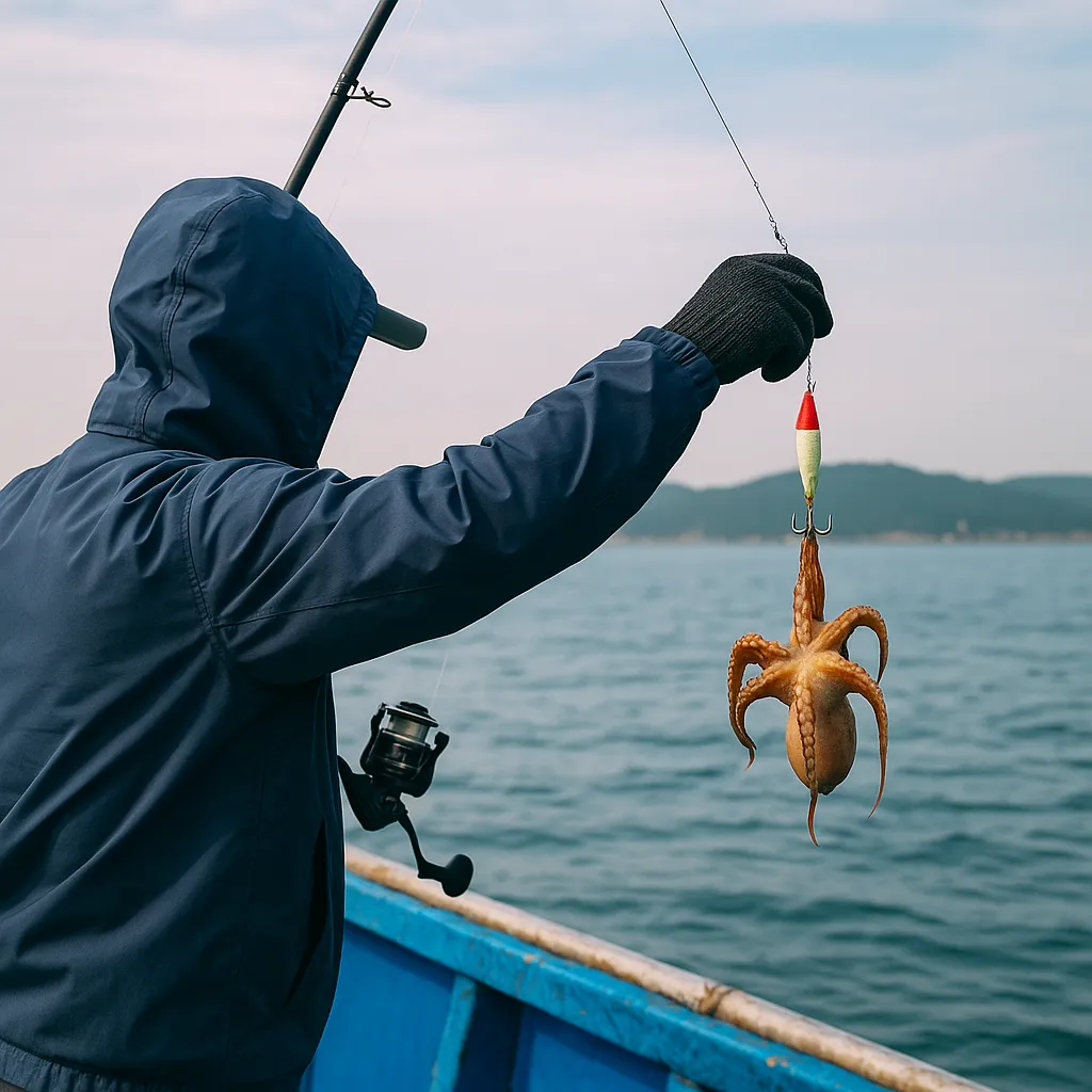 태안 바다 위에서 쭈꾸미를 낚아 올리는 낚시꾼의 모습