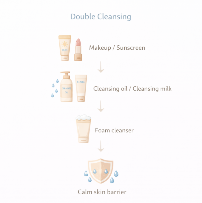 이중 세안 순서 다이어그램 - 클렌징 오일 유화 후 폼 클렌징 단계