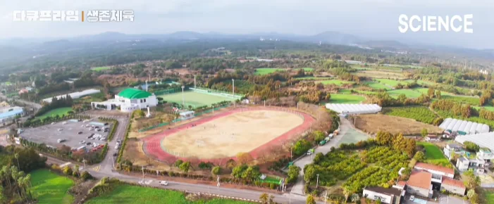 넓은 운동장과 육상 트랙, 주변 숲과 농경지가 펼쳐진 체육시설의 항공 촬영 전경