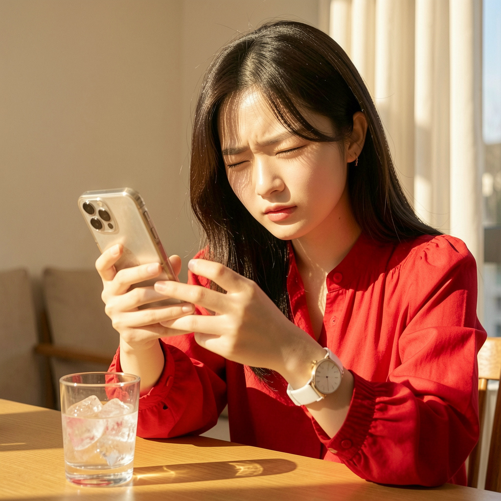 20대 후반 한국 여성이 햇볕이 강하게 들어오는 방안에서 스마트폰을 보며 찡그리고 있다. 빨간 블라우스를 입었고, 책상 위에는 얼음물과 흰색 손목시계가 있다. 더위와 불편함을 느끼는 화기운 과다 분위기.