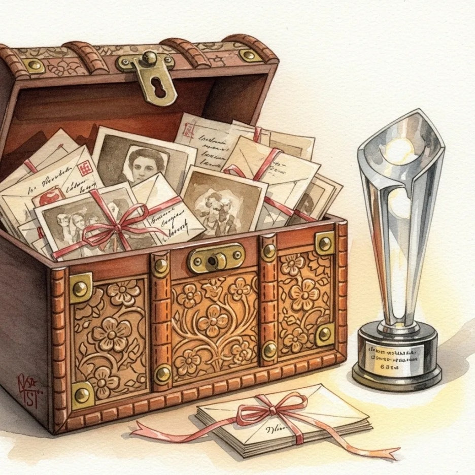 오래된 상자와 빛나는 트로피가 나란히 있는 모습
