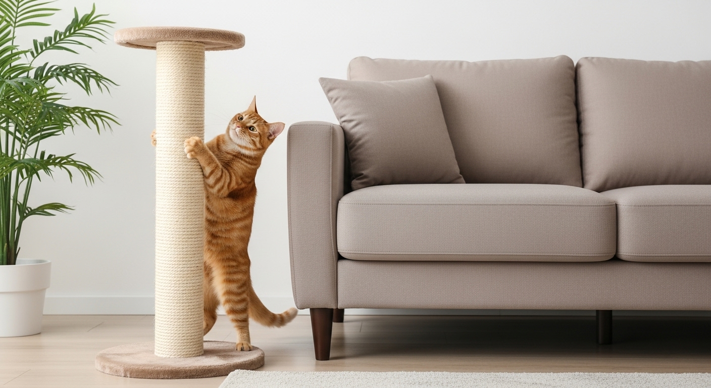소파 옆에 있는 튼튼한 스크래처를 만족스럽게 긁고 있는 치즈 고양이.