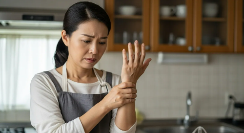 부엌에서 손목이 아파서 주무르고 있는 가정주부 모습