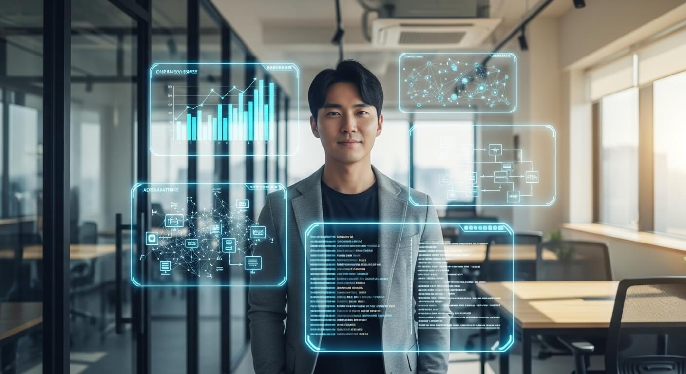 혁신적인 AI 도구들을 활용하여 비즈니스 아이디어를 발굴하고 생산성을 높이는 한국인 사업가.