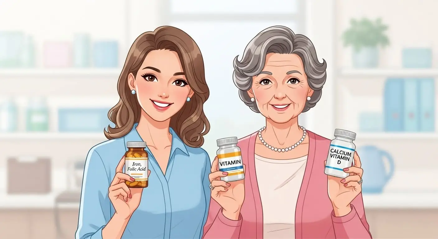 젊은 여성과 중장년 여성이 각자 나이대에 맞는 철분, 칼슘, 비타민D 영양제를 들고 미소 짓는 모습.