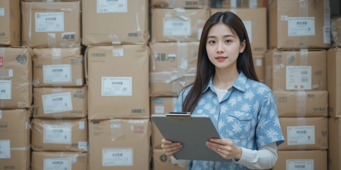 택배 상자 앞 점검 중인 모습