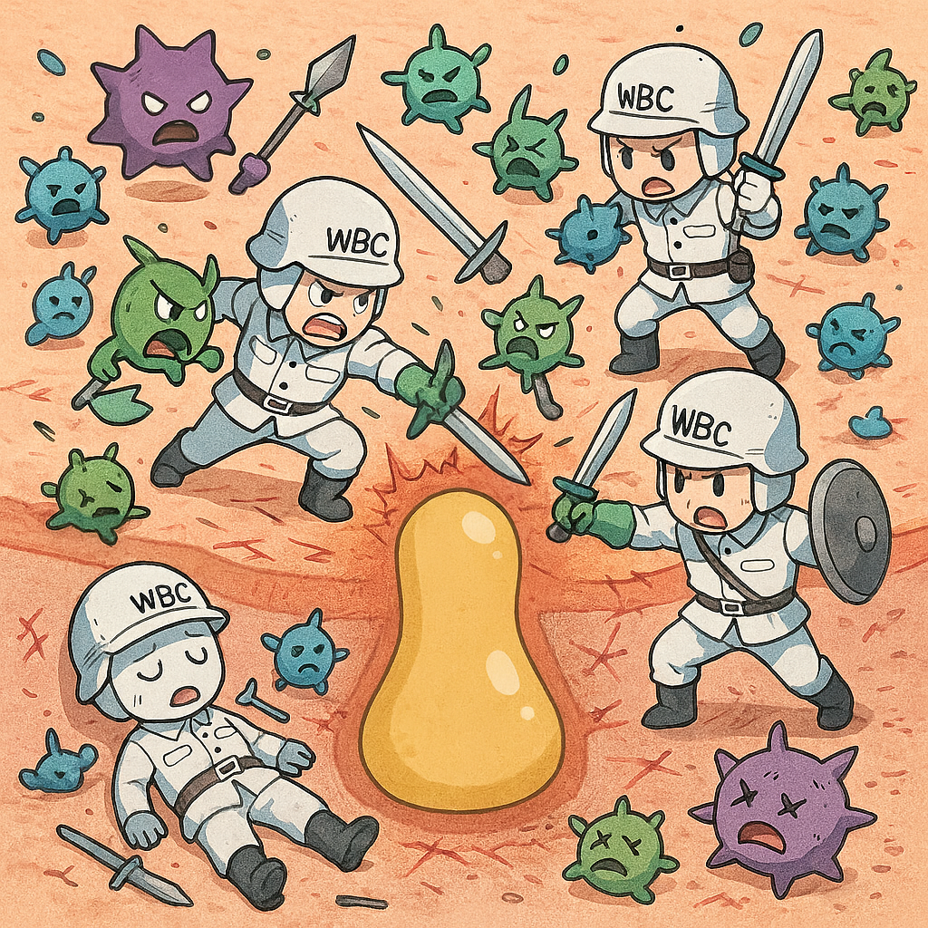 피부 속 백혈구가 세균과 싸우는 모습을 의인화한 그림, 염증 반응과 여드름 곪음 과정의 설명에 활용되는 이미지