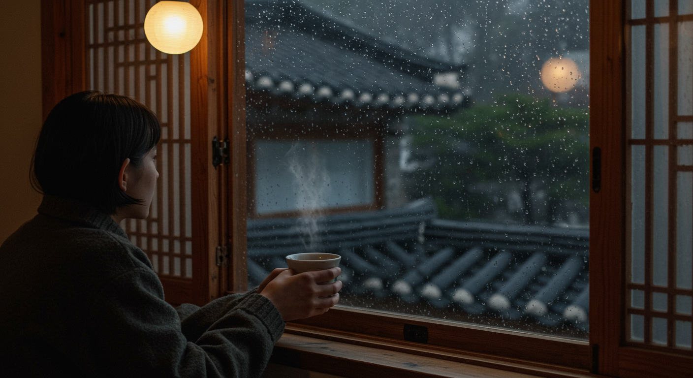 비 오는 날 카페 창가에 앉아 밖을 바라보는 모습