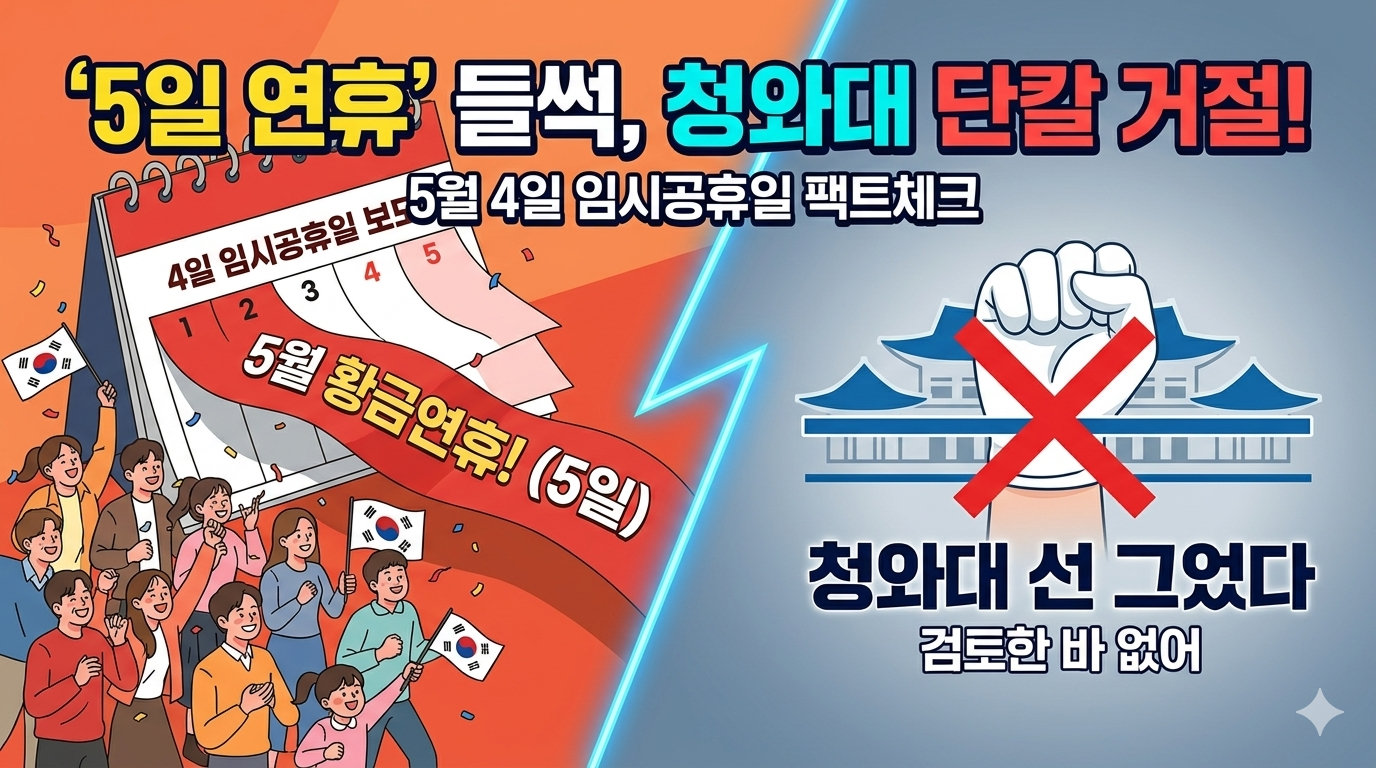 '5월 연휴 들썩, 청와대 단칼 거절'이라는 문구와 함께, 한쪽에는 5월 4일 임시공휴일을 기대하며 환호하는 사람들과 달력의 모습이 있고, 다른 한쪽에는 청와대 배경 위에 빨간색 X 표시와 '청와대 선 그었다, 검토한 바 없어'라는 문구가 대조적으로 배치된 뉴스 스타일의 썸네일 이미지.