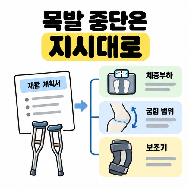 목발 중단은 지시대로라는 제목 아래 재활 계획서와 목발을 체중부하, 굽힘 범위, 보조기 확인 항목에 연결한 그림