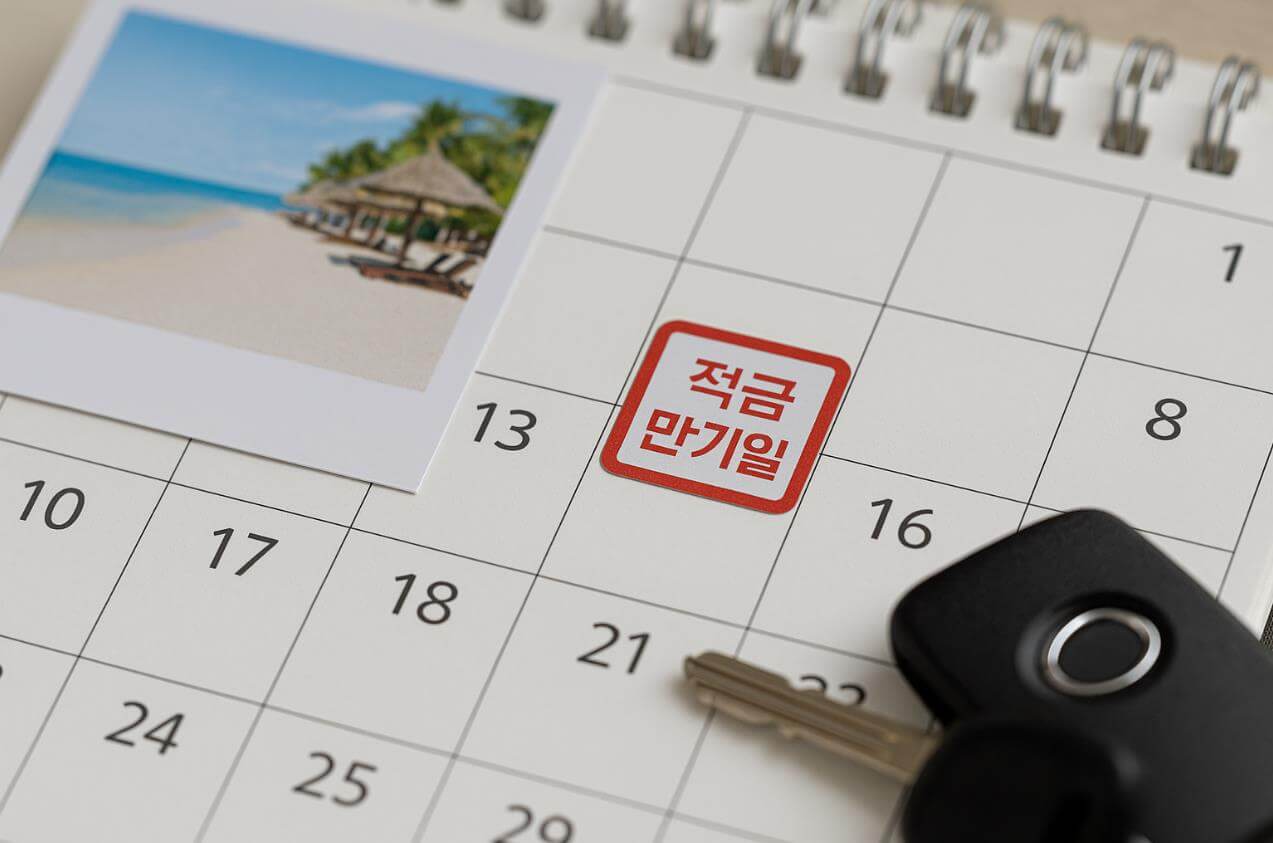 달력에 &lsquo;적금 만기일&rsquo; 표시와 여행사진, 자동차 열쇠가 놓인 모습.