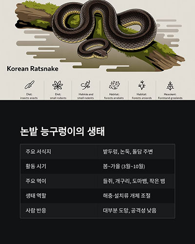 표로 정리한 논밭 주변 능구렁이 생태 요약