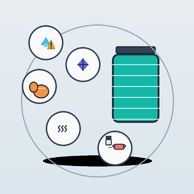 중앙의 단백질 쉐이커와 주변 원형 아이콘(탈수, 요산 결정, 위장 불편, 체취, 가공육·나트륨)을 배치해 단백질 과다 섭취의 주요 부작용 5가지를 상징적으로 표현한 일러스트