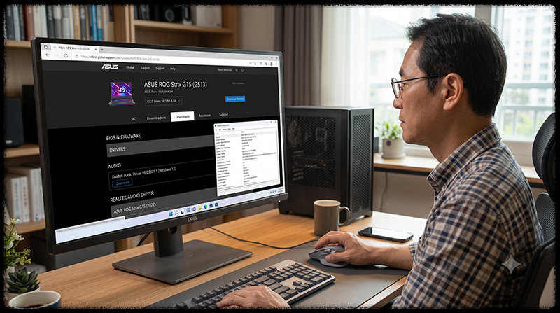 PC 제조사 공식 지원 사이트에서 Windows 11용 Realtek 오디오 드라이버를 찾는 모습