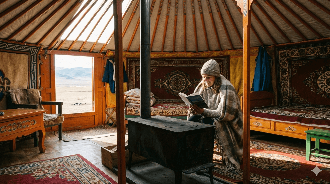 아늑한 게르 내부에서 따뜻한 조명 아래 책을 읽으며 휴식을 취하는 여행자의 모습. 몽골여행의 고요한 평화를 담았다.