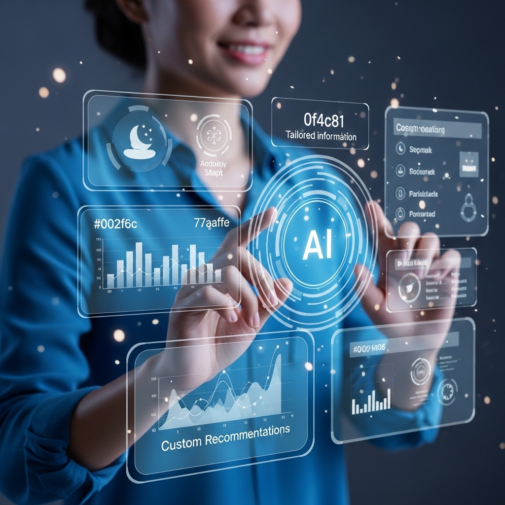 AI 인터페이스를 통해 개인 맞춤형 건강 데이터를 확인하며 미소 짓는 사람의 모습. 수면, 운동, 식단 등 다양한 정보가 파란색 홀로그램으로 표시되어 있는 미래지향적인 건강 관리 장면.