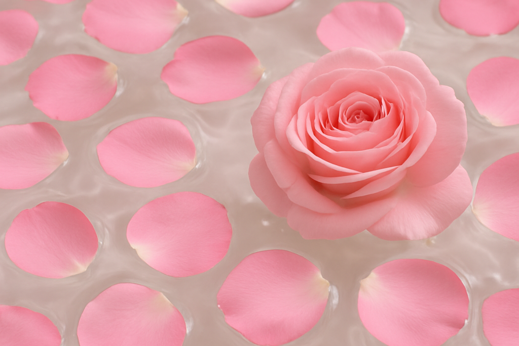 장미 꽃잎이 물 위에 흩뿌려진 장면