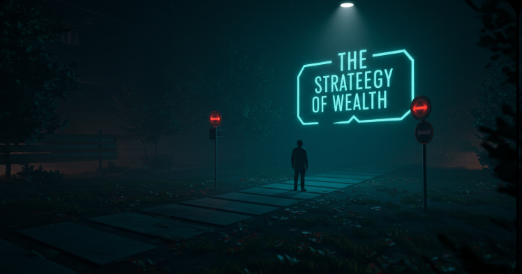 A person is standing at a dimly lit crossroads, looking at a glowing sign that says "The Strategy of Wealth". The atmosphere is contemplative and hopeful. Style: Digital painting, cinematic lighting.