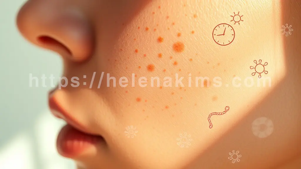 여성의 피부 위에는 다양한 크기와 깊이의 흑자들이 은은하게 표현되어 있습니다.