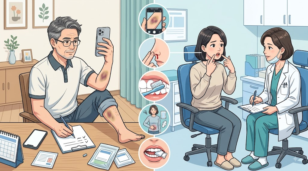 스마트폰으로 멍의 위치와 시기를 기록하는 모습과 코피, 잇몸출혈, 월경, 치과 치료 후 출혈력 등 상세 병력을 의사에게 설명하는 진료 장면