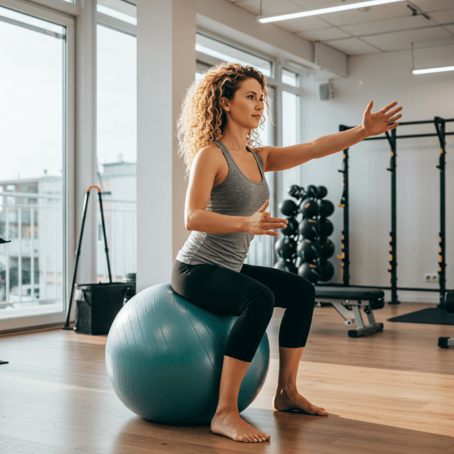 도수치료 중 하나인 짐볼 운동을 하고 있는 여성 이미지