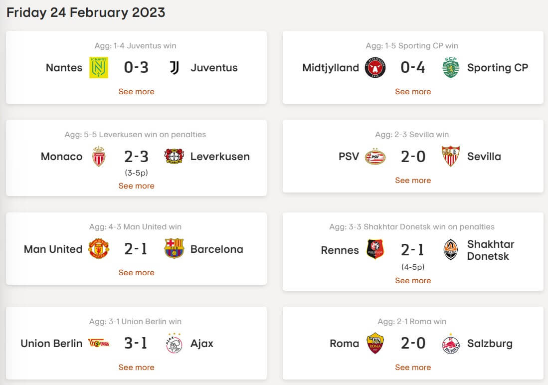 유로파리그 16강 플레이오프 2차전 경기 결과