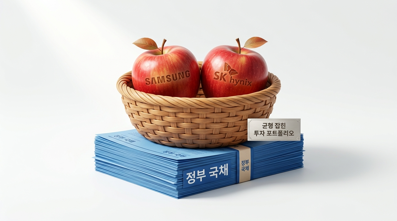 퇴직연금 계좌라는 바구니 안에 '삼성전자+SK하이닉스'라는 두 개의 큰 사과와 튼튼한 채권이라는 받침대가 조화롭게 담겨 있는 안정적인 포트폴리오 이미지